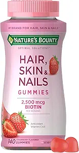 Nature's Bounty Hair, Skin & Nails with Biotin Gummies Vitamin Supplement, Supports Hair, Skin, and Nail Health for Women, 2500 mcg, 70 Total Servings