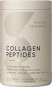 Sports Research Collagen Peptides - Hydrolyzed Type 1 & 3 Collagen Powder Protein Supplement for Healthy Skin, Nails, & Joints - Easy Mixing Vital Nutrients & Proteins, Collagen for Women & Men