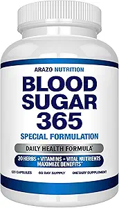 Arazo Nutrition Blood Sugar 365 Supplement – Supports Healthy Energy Levels - 120 Herbal Pills - 60 Day Supply