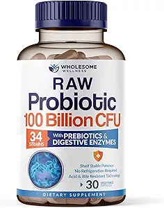 Wholesome Wellness Organic Raw Probiotics 100 Billion CFU, Dr Formulated for Women and Men, Complete Adult Supplement with Prebiotics and Digestive Enzymes;, Shelf Stable
