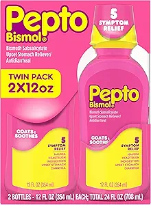 Pepto Bismol Liquid, Upset Stomach Relief, Nausea Relief, Heartburn Relief, Indigestion Relief, Anti Diarrhea Medication for Adults - 5 Symptom Fast Relief, 2x (Packaging May Vary)