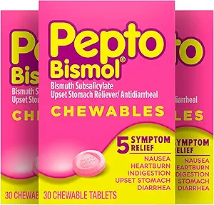 Pepto Bismol Chewable Tablets, Upset Stomach Relief, Nausea Relief, Heartburn Relief, Indigestion Relief, Anti Diarrhea Medication for Adults - 5 Symptom Relief, 90 Chewable Tablets (3x)